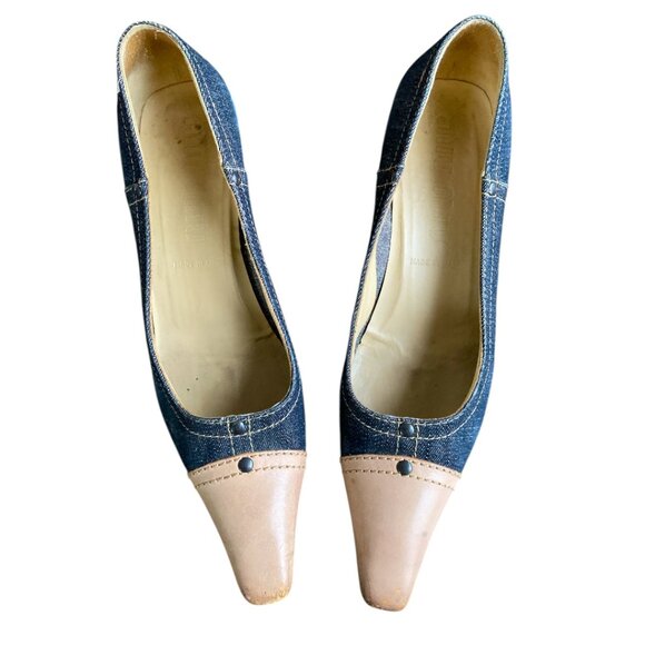 Vintage Y2K MIU MIU Kitten Heel Denim Leather Shoes Size EU 38 - 7 US - Y2k Heel - Picture 6 of 14